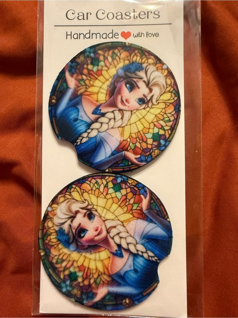 Handmade Car Coasters with Blue Princess Illustration